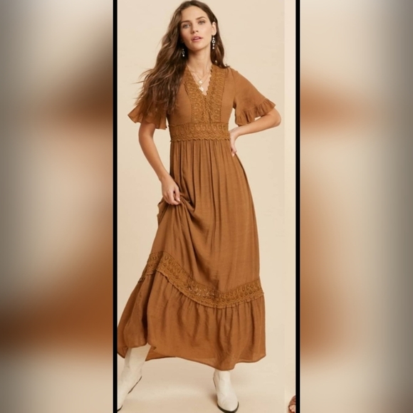 Camel Wishlist Boho Crochet Detail Flowy Maxi Dress - Picture 8 of 11